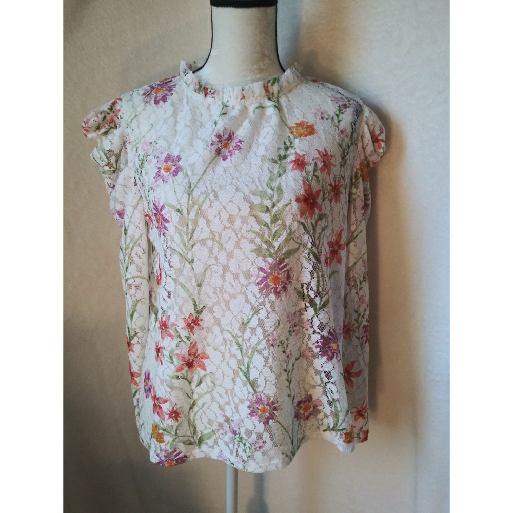White Floal Cochet Ruffle Sheer long sleeve Top